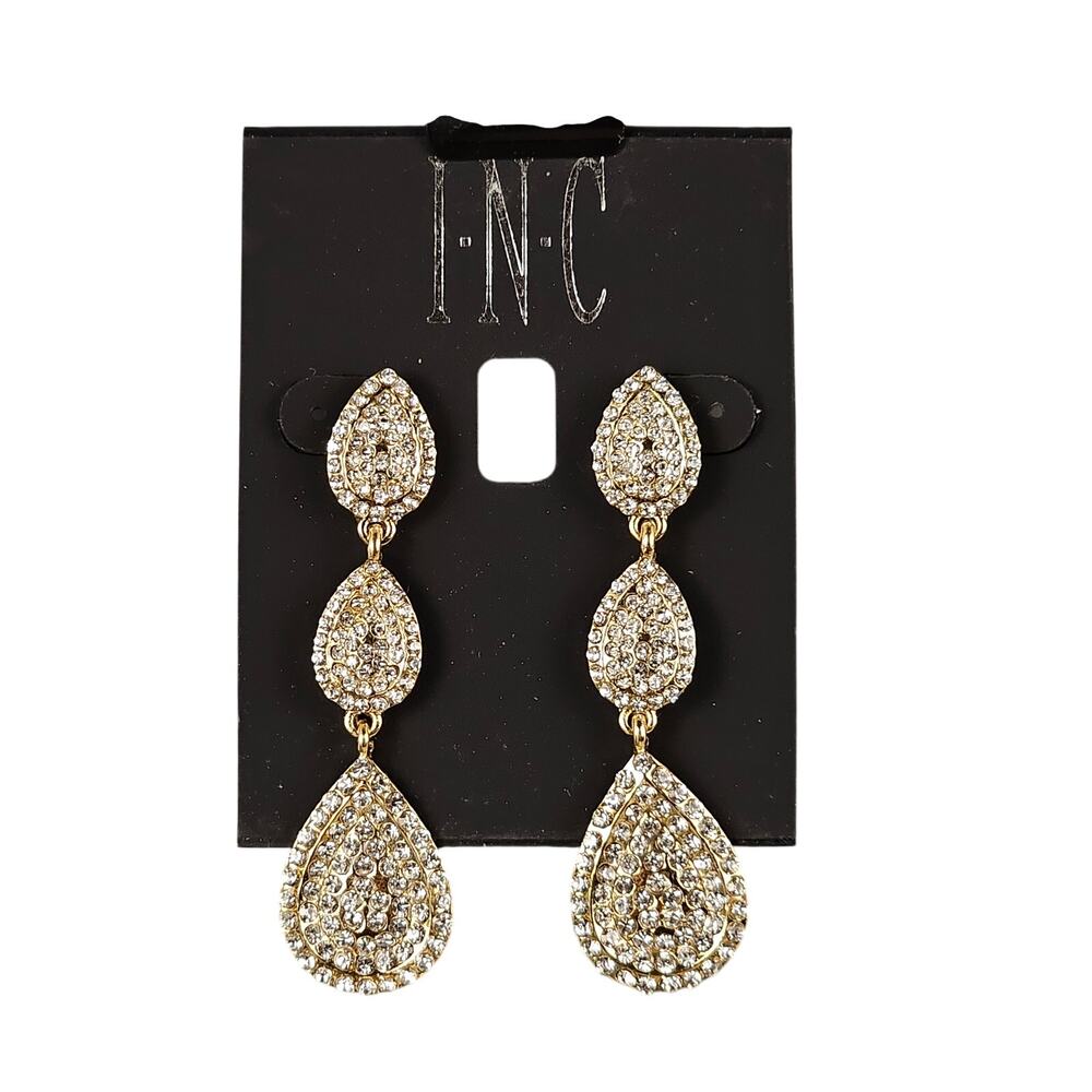 I.N.C Gold Tone Pave Rhinestone Triple Teardrop Dangle Earrings 2.5" Sparkle